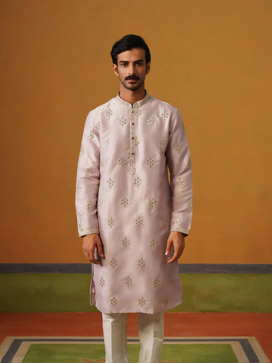 Lilac Embroidered Silk Kurta Pant Set