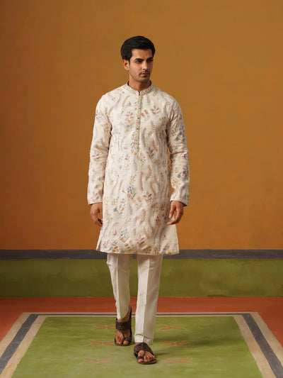 Cream Linen with Embroidery Kurta Pant Set