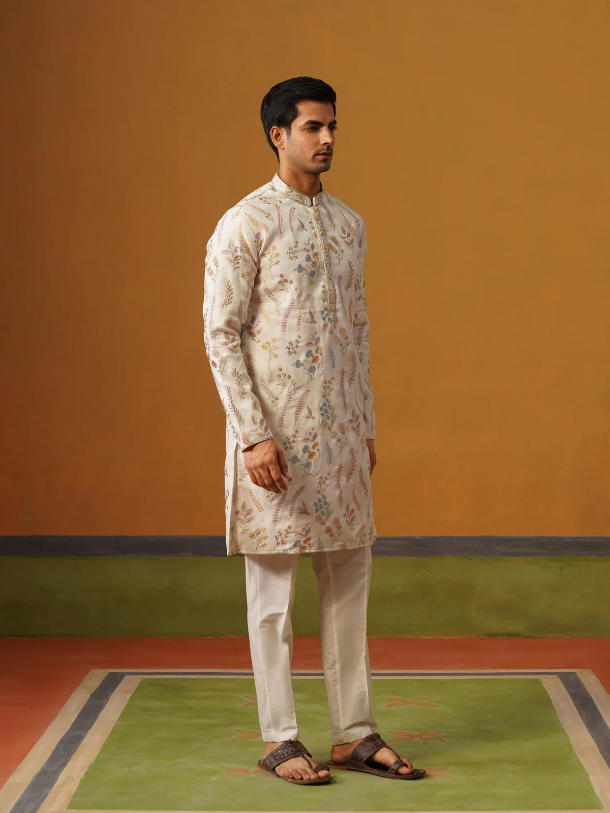 Cream Linen with Embroidery Kurta Pant Set