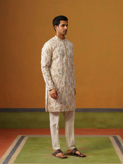 Cream Linen with Embroidery Kurta Pant Set