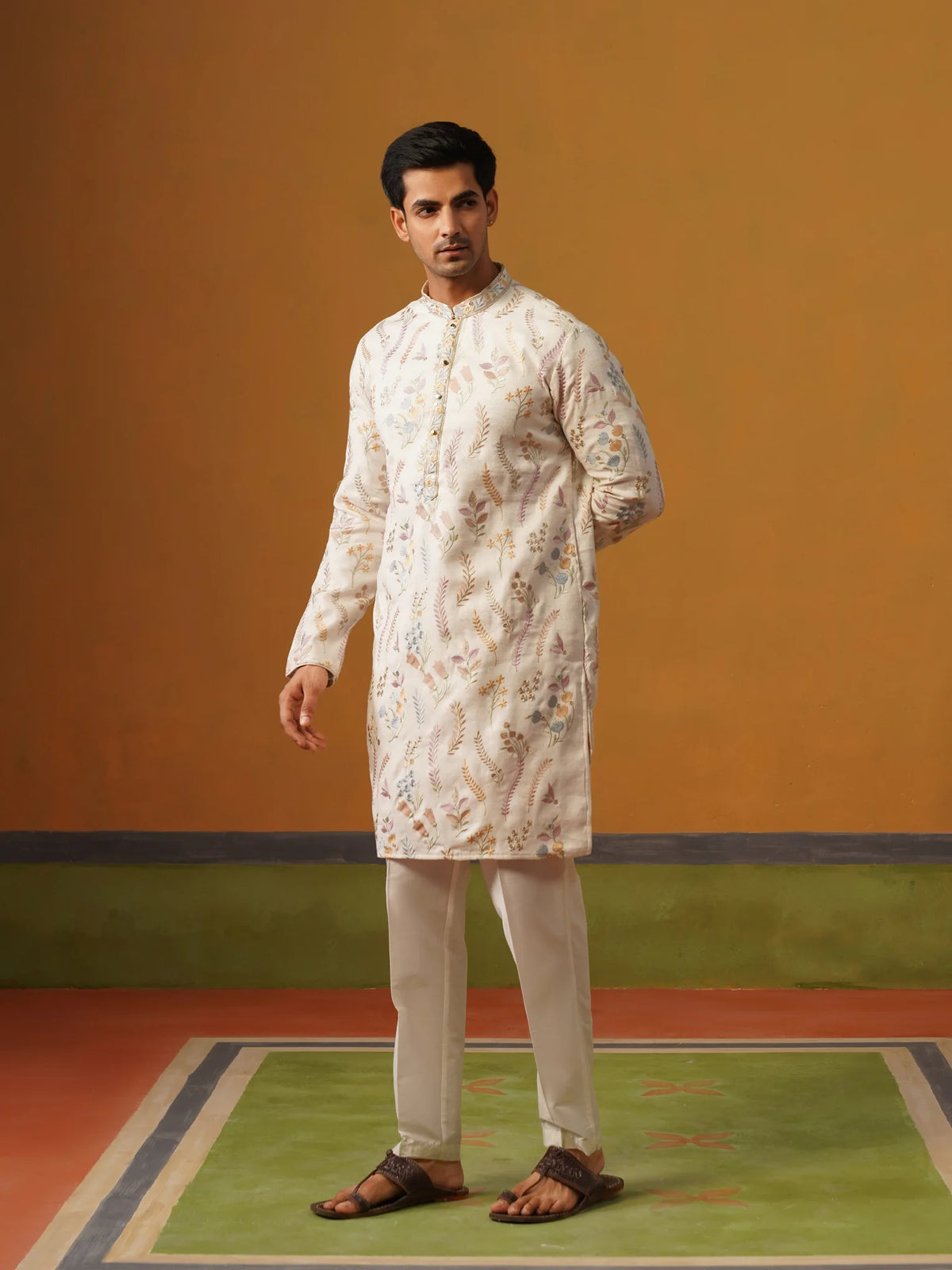Cream Linen with Embroidery Kurta Pant Set