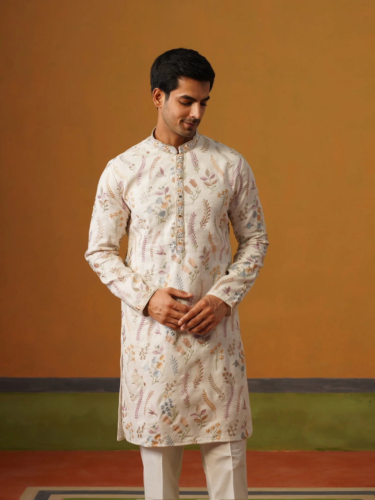 Cream Linen with Embroidery Kurta Pant Set
