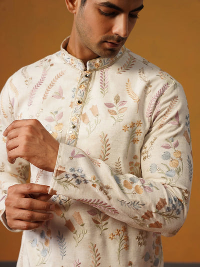 Cream Linen with Embroidery Kurta Pant Set