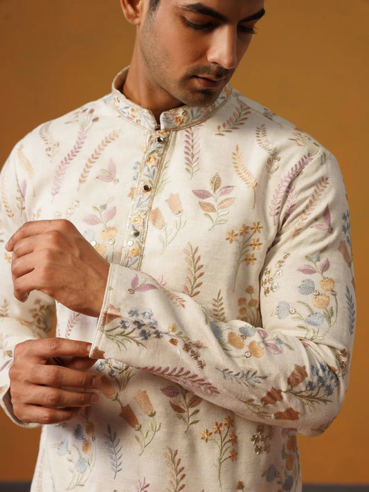 Cream Linen with Embroidery Kurta Pant Set