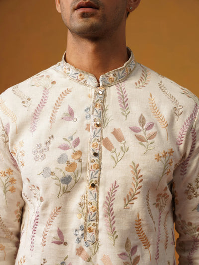 Cream Linen with Embroidery Kurta Pant Set
