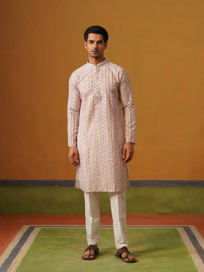 Cream Printed Silk Kurta Set