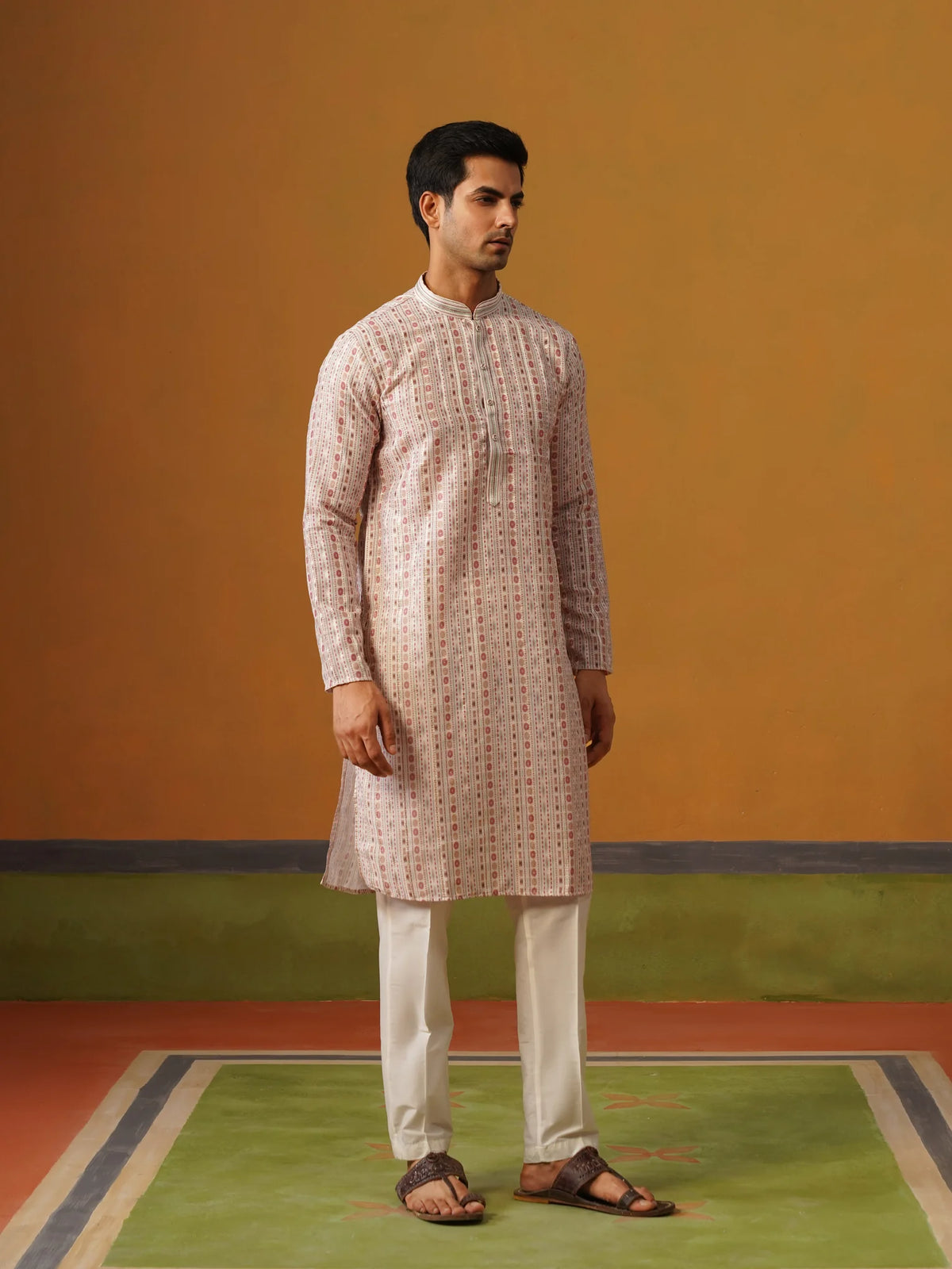 Cream Printed Silk Kurta Set