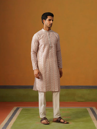 Cream Printed Silk Kurta Set