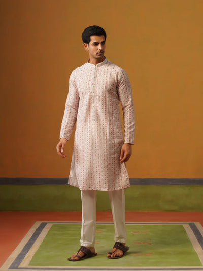 Cream Printed Silk Kurta Set