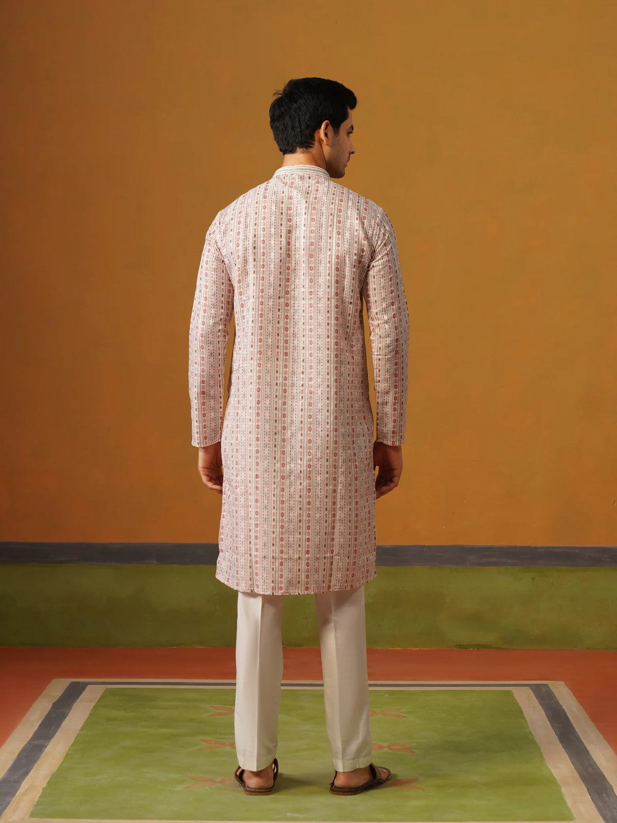 Cream Printed Silk Kurta Set