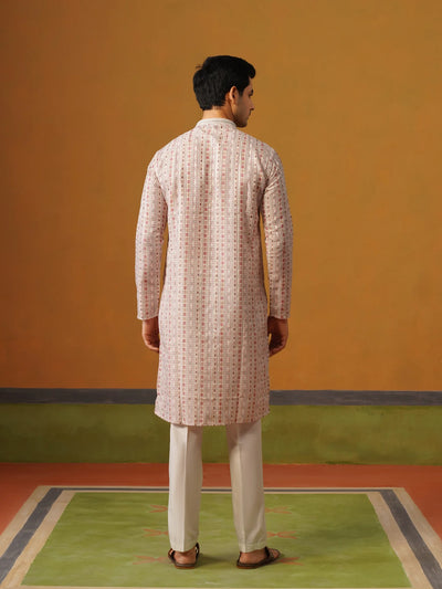 Cream Printed Silk Kurta Set