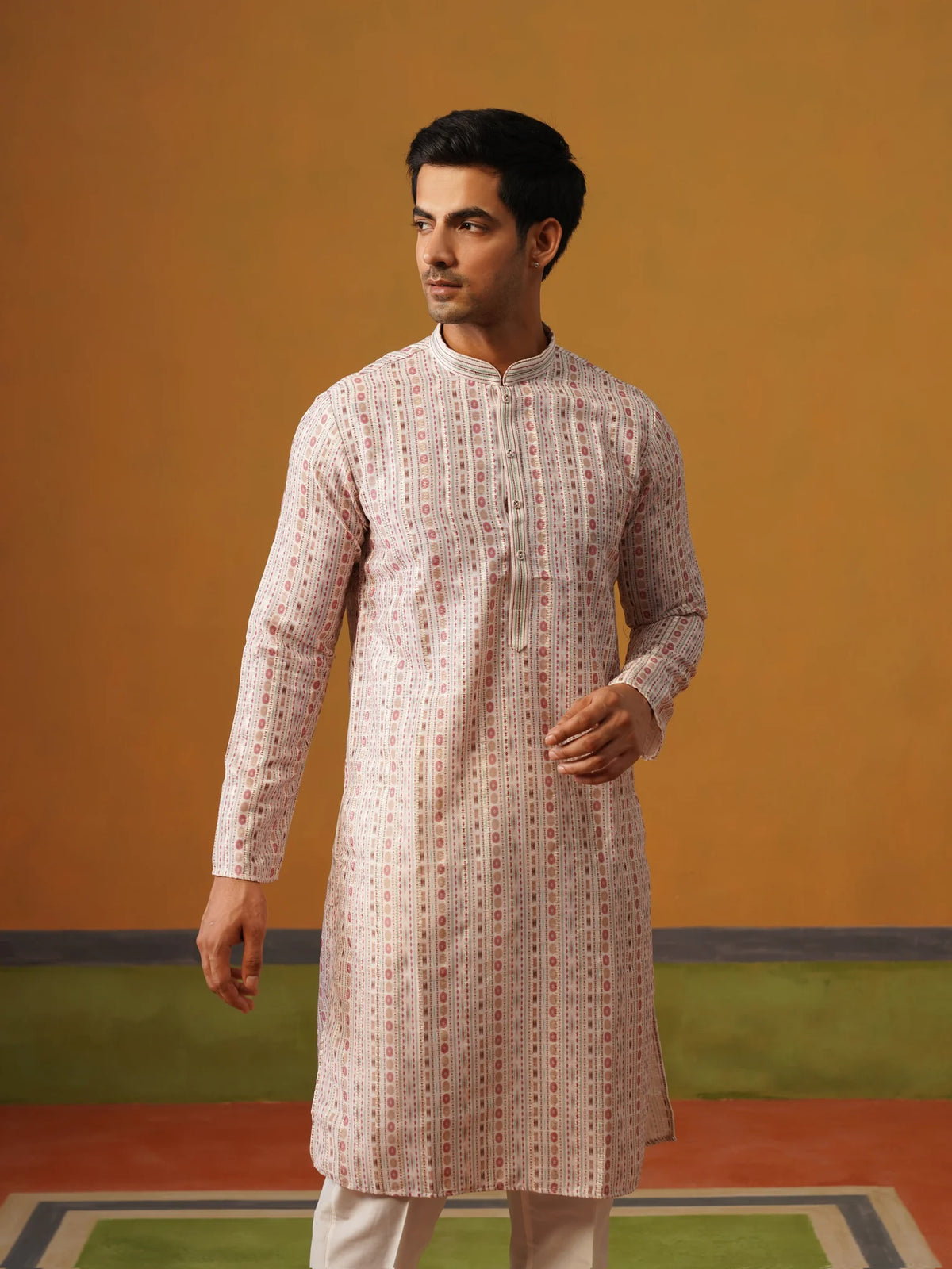 Cream Printed Silk Kurta Set