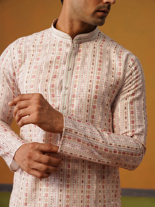 Cream Printed Silk Kurta Set