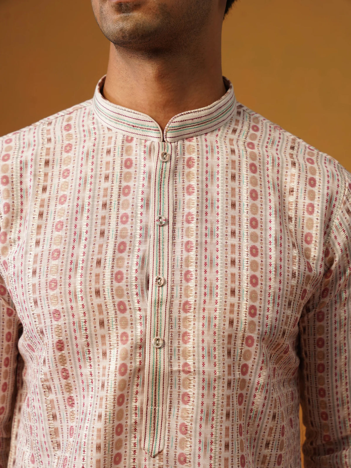 Cream Printed Silk Kurta Set
