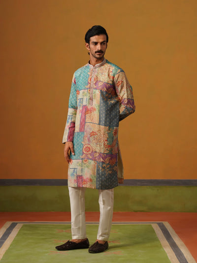 Multi Printed Tissue Silk Kurta Pant Set
