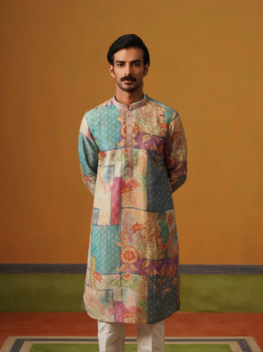 Multi Printed Tissue Silk Kurta Pant Set