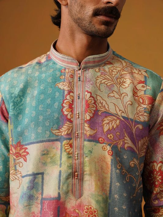 Multi Printed Tissue Silk Kurta Pant Set