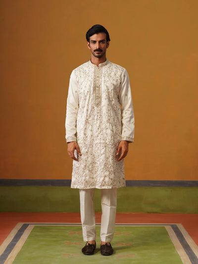Cream Embroidered Silk Kurta Pant Set