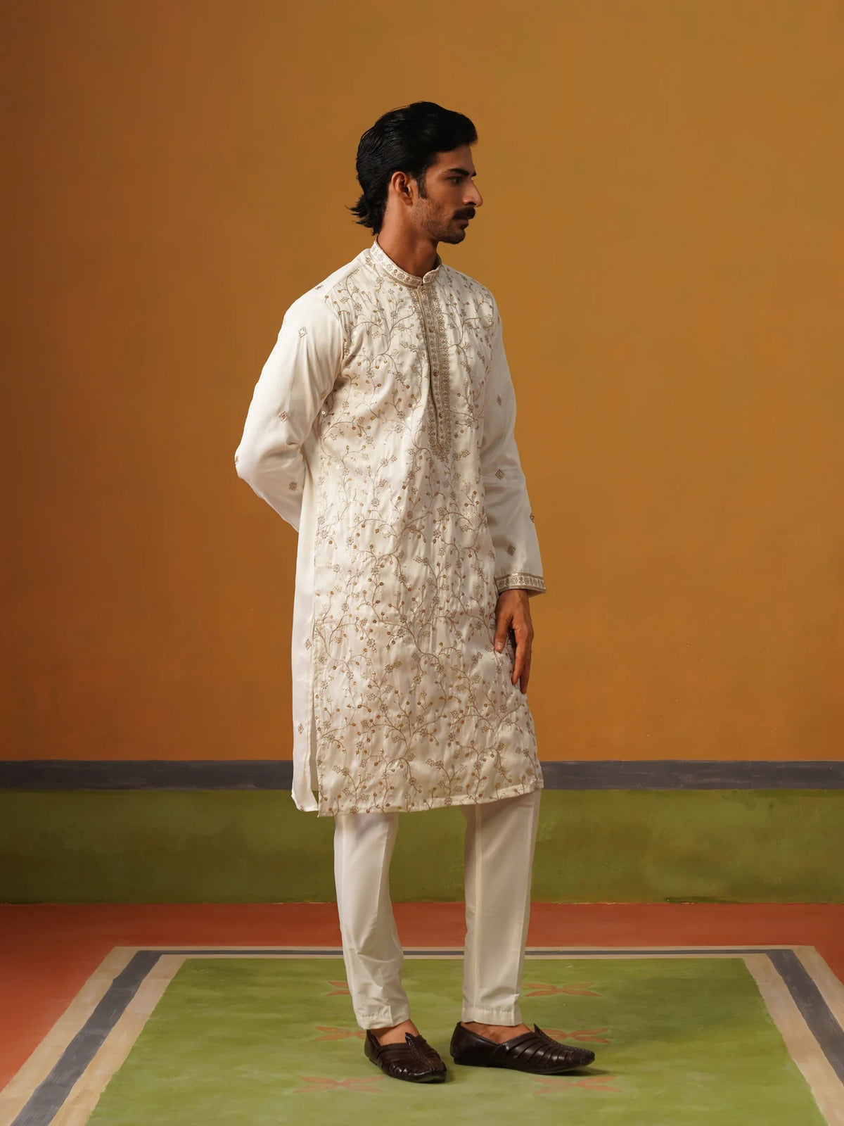 Cream Embroidered Silk Kurta Pant Set