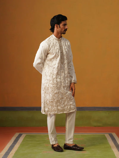 Cream Embroidered Silk Kurta Pant Set