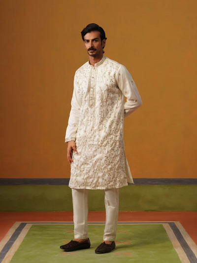 Cream Embroidered Silk Kurta Pant Set
