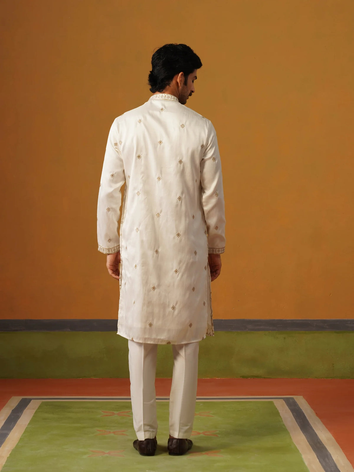 Cream Embroidered Silk Kurta Pant Set