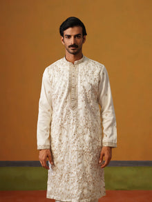Cream Embroidered Silk Kurta Pant Set