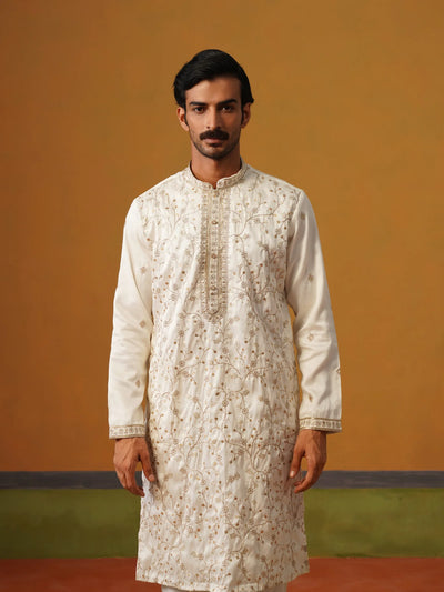 Cream Embroidered Silk Kurta Pant Set