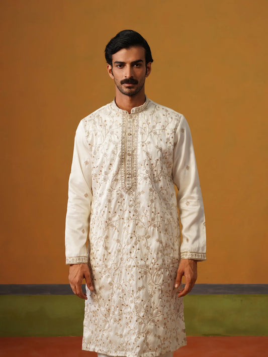 Cream Embroidered Silk Kurta Pant Set