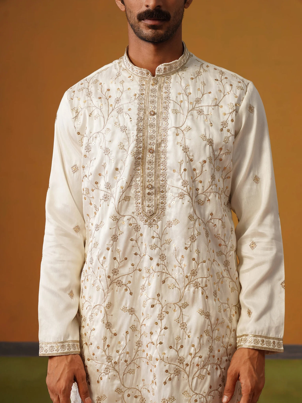 Cream Embroidered Silk Kurta Pant Set