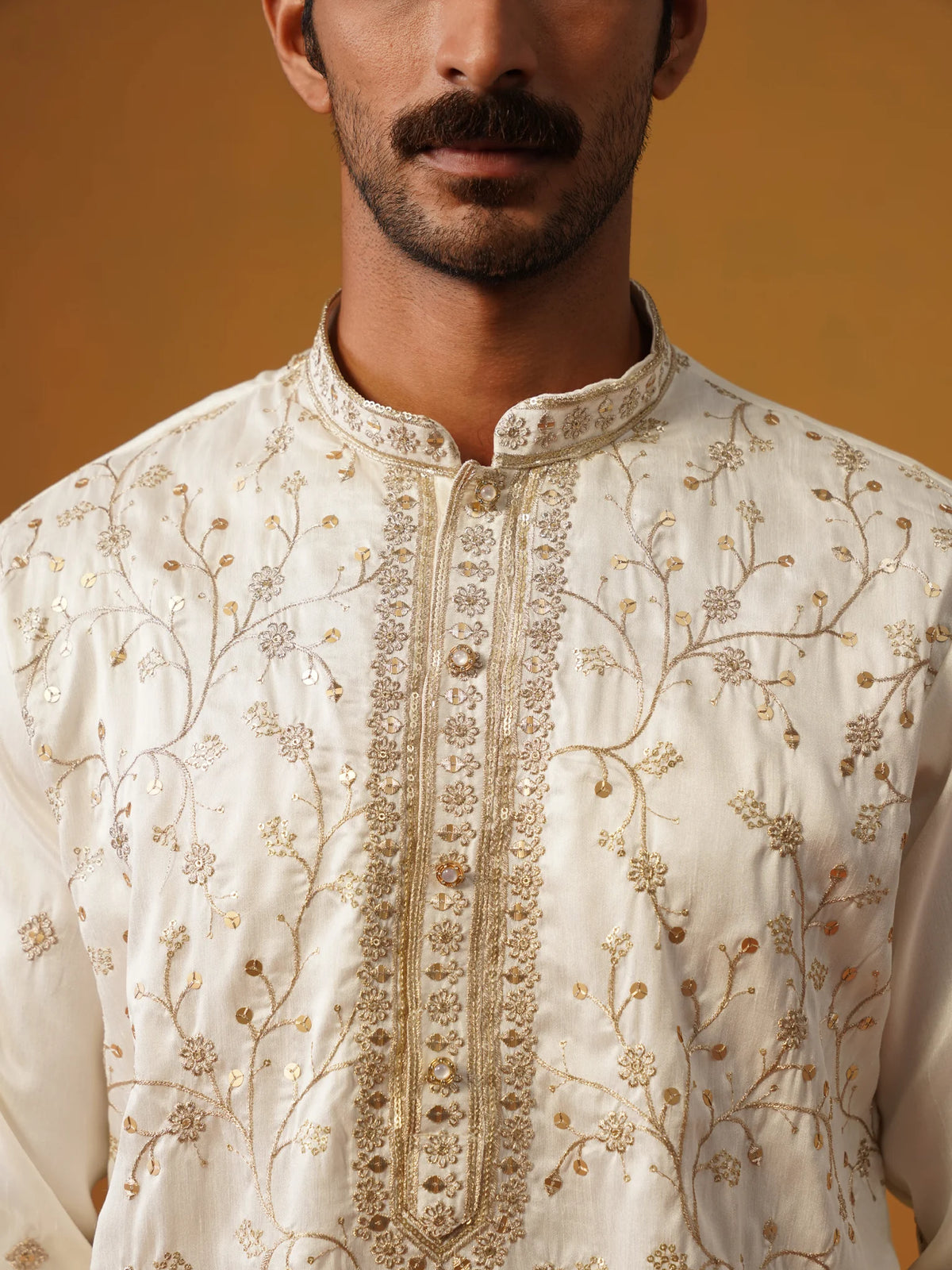 Cream Embroidered Silk Kurta Pant Set