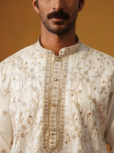 Cream Embroidered Silk Kurta Pant Set