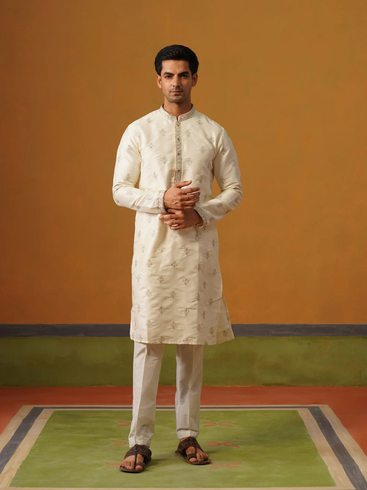 Cream Butti Silk Kurta with Pant