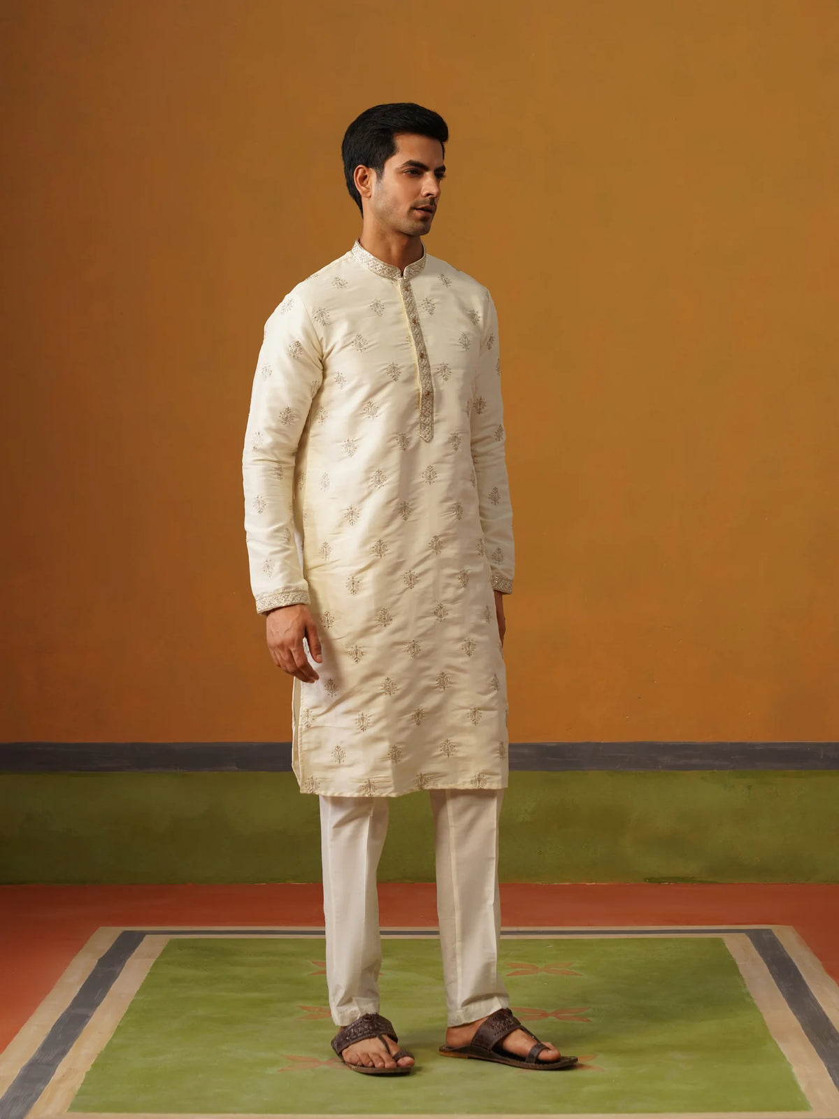 Cream Butti Silk Kurta with Pant
