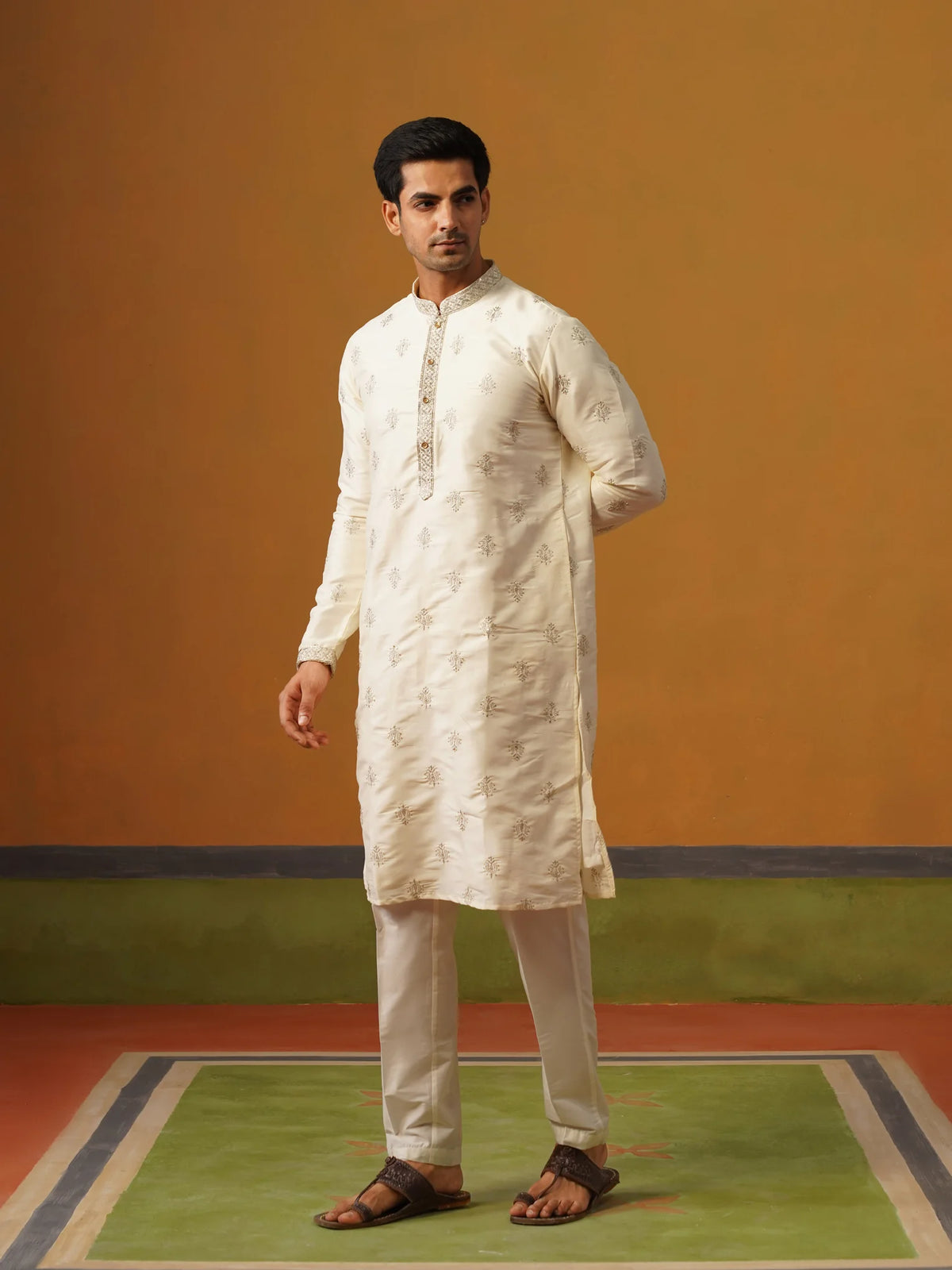 Cream Butti Silk Kurta with Pant