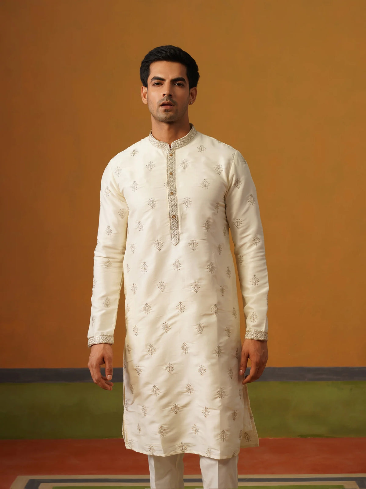 Cream Butti Silk Kurta with Pant