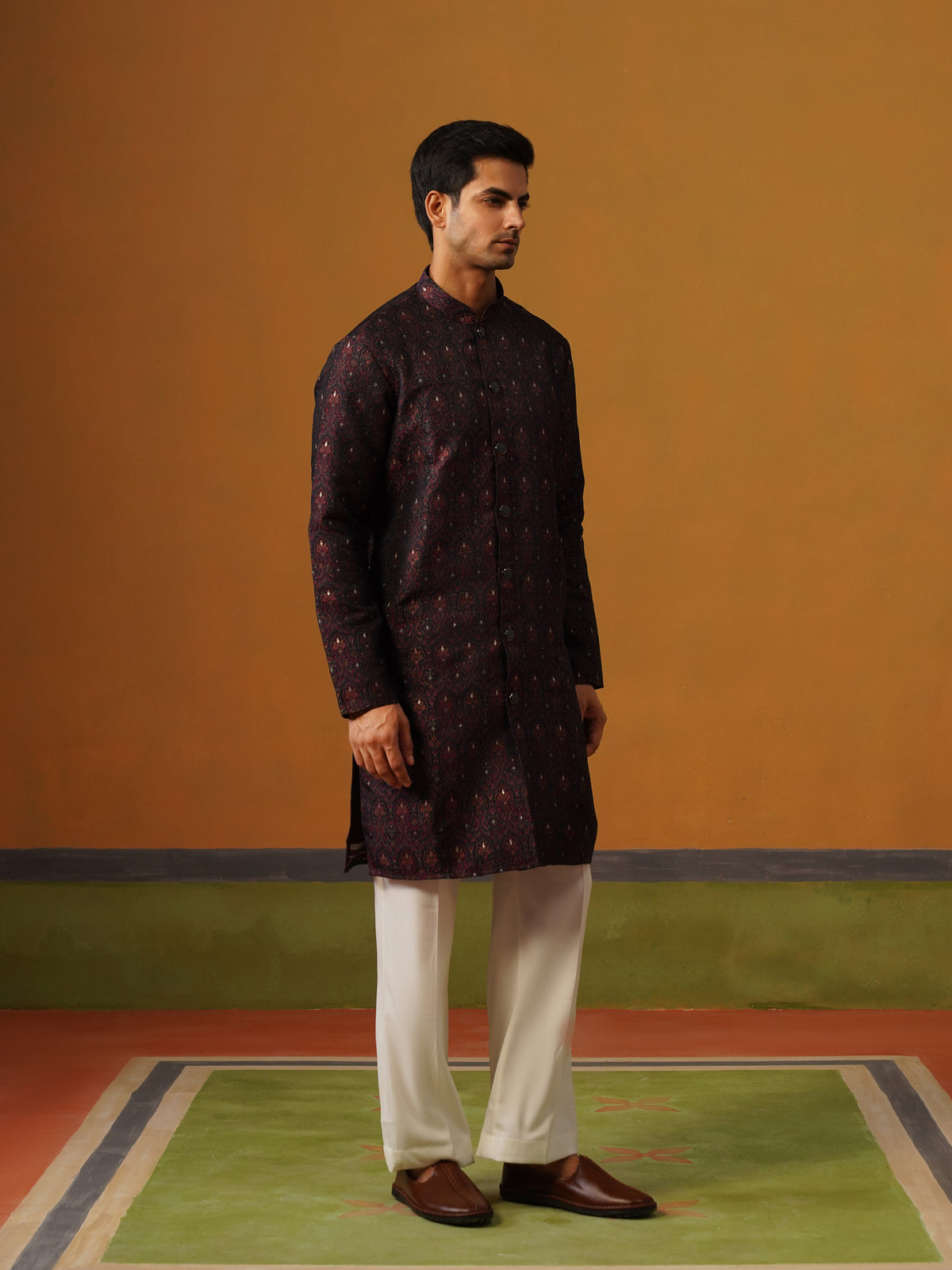 Navy Blue Jaquard Indo Western Set