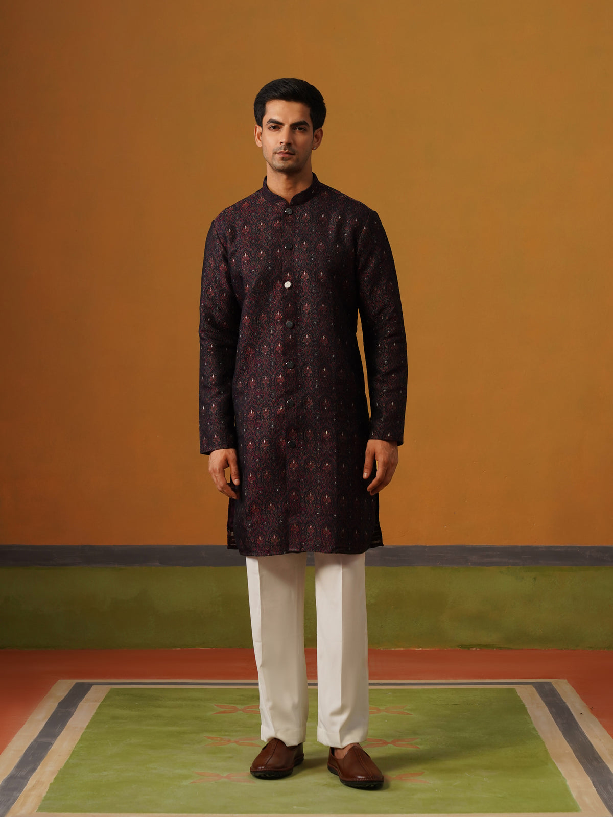 Navy Blue Jaquard Indo Western Set