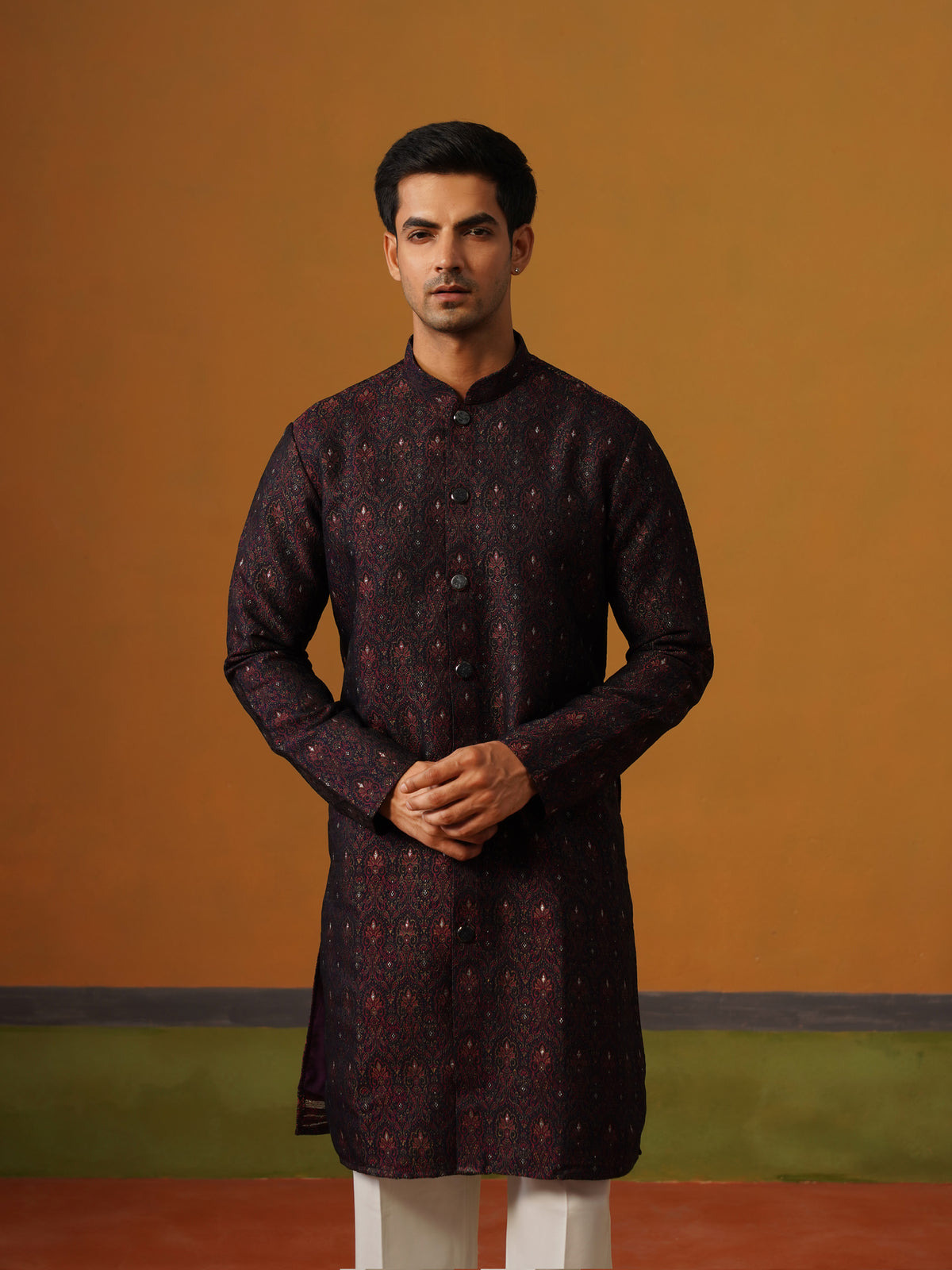 Navy Blue Jaquard Indo Western Set