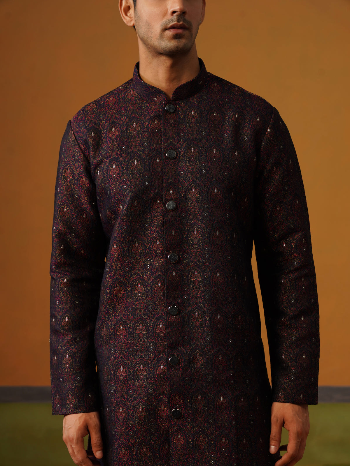 Navy Blue Jaquard Indo Western Set