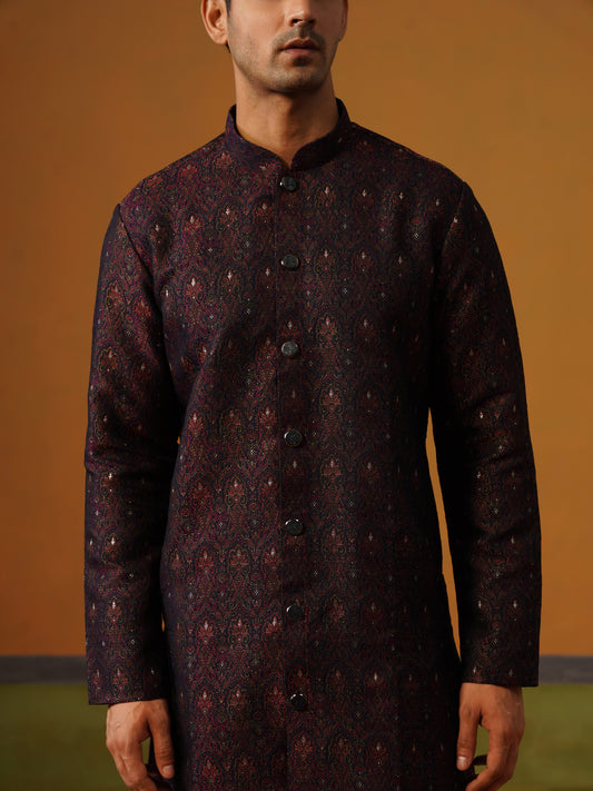 Navy Blue Jaquard Indo Western Set