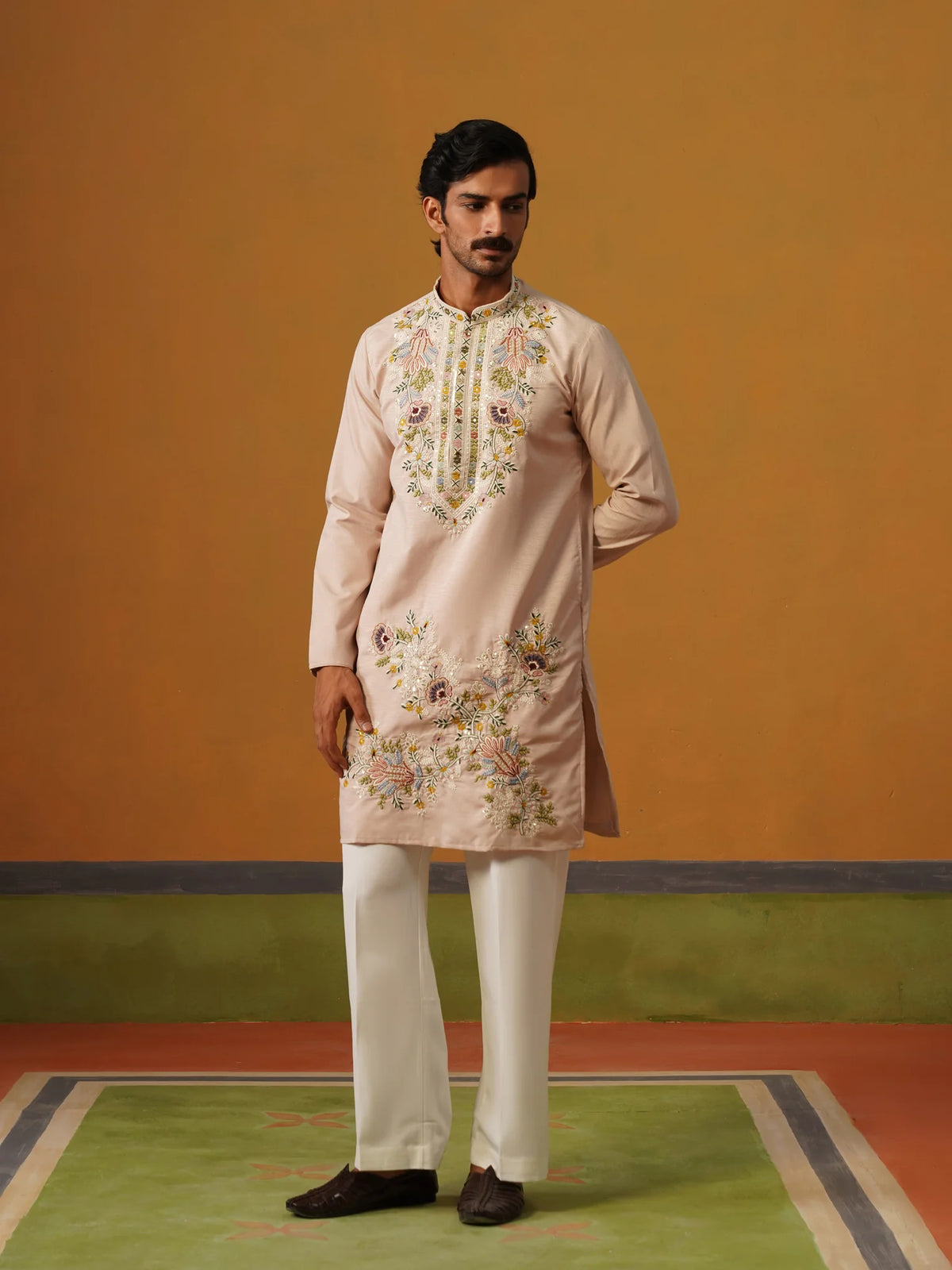 Pink Silk with Multi Embroidery Kurta with Baggy Pant