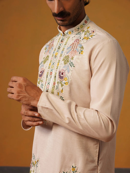 Pink Silk with Multi Embroidery Kurta with Baggy Pant