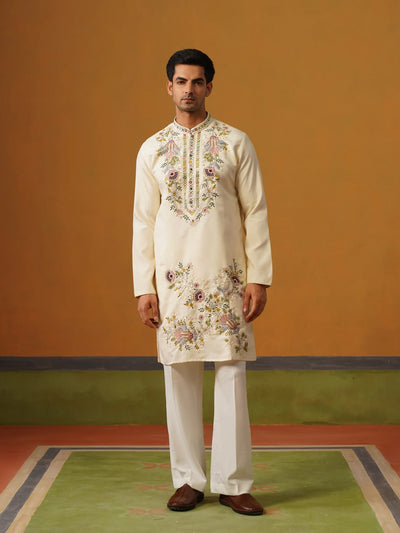Cream Silk with Multi Embroidery Kurta with Baggy Pants