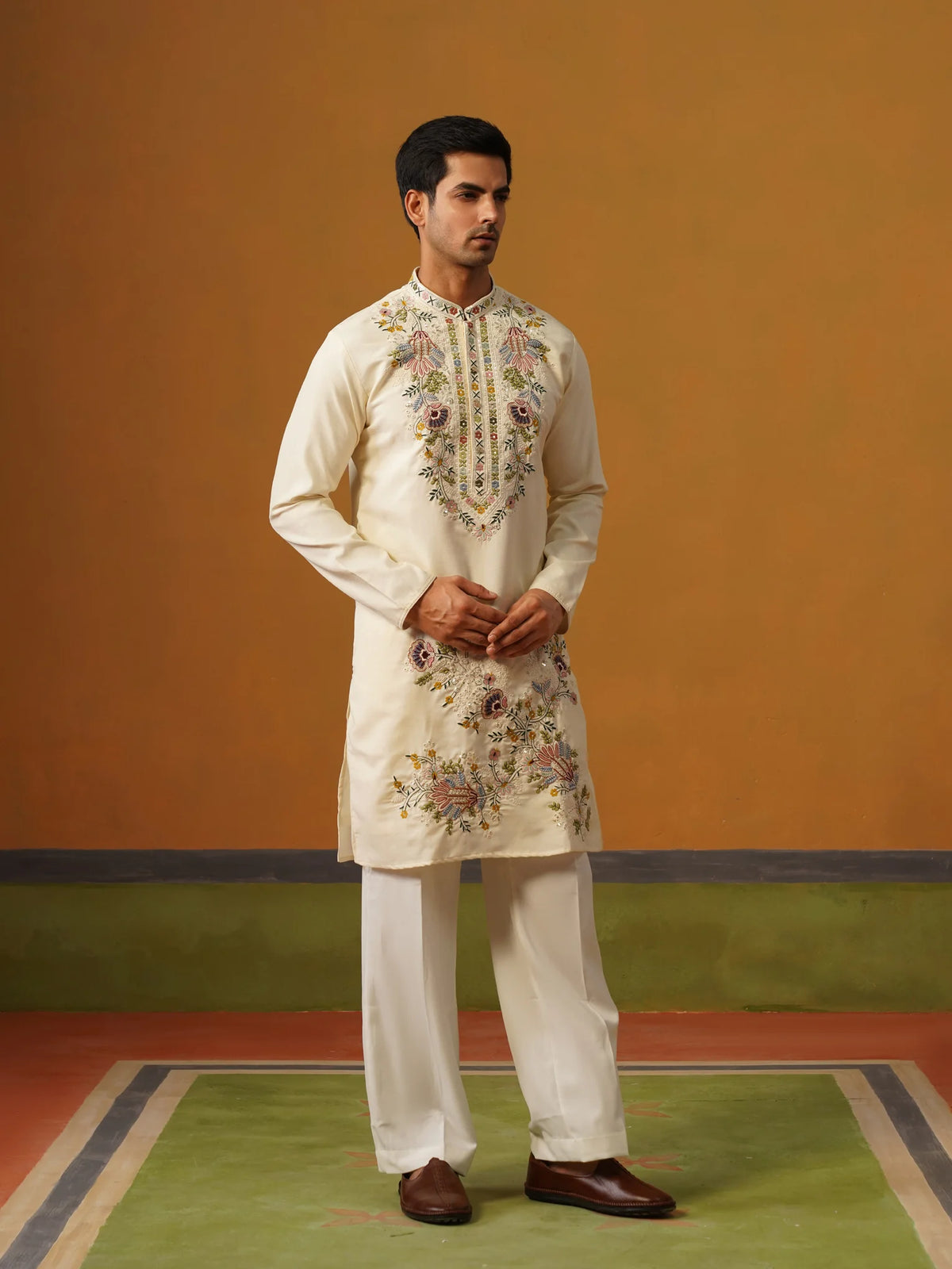 Cream Silk with Multi Embroidery Kurta with Baggy Pants