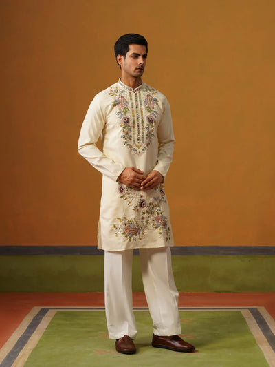 Cream Silk with Multi Embroidery Kurta with Baggy Pants