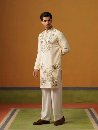 Cream Silk with Multi Embroidery Kurta with Baggy Pants