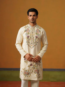 Cream Silk with Multi Embroidery Kurta with Baggy Pants