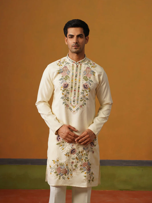 Cream Silk with Multi Embroidery Kurta with Baggy Pants