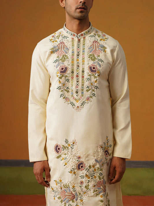 Cream Silk with Multi Embroidery Kurta with Baggy Pants